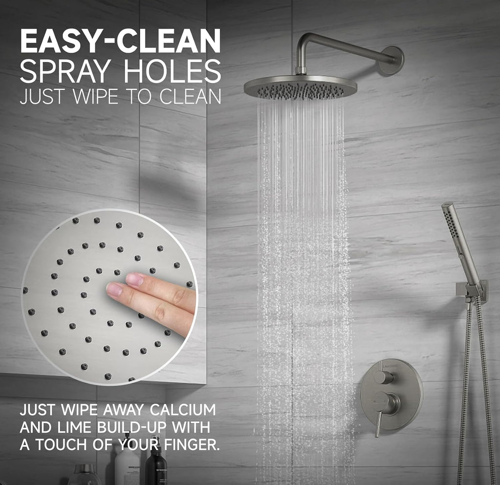 Lava Odoro Modern 3-Setting Round Rain Bathtub and Shower Faucet Set, Brushed Nickel Rainfall Shower Head and Handle Set, Rain Shower System with Tub Spout, Shower Valve Trim Kit, SF104-BN-T