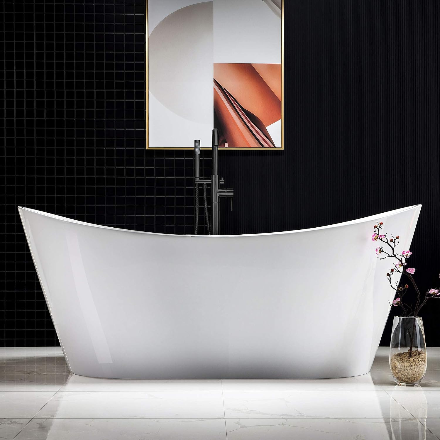 WOODBRIDGE 71' Acrylic Freestanding Bathtub Contemporary Soaking White Tub with Oil Rubbed Bronze Overflow and Drain,B0017-ORB
