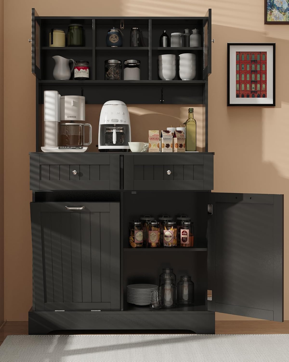 Tilt Out Trash Cabinet,Storage Cabinet,Two Solid Wood Hideaway Trash Holder Drawers,Wooden Freestanding Recycling Cabinets,Trash Can for Kitchen,Black