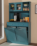 Double Tilt Out Trash Cabinet Storage Cabinet 20 Gallon with Two Solid Wood Hideaway Trash Holder Drawers, Dual Wooden Free Standing Recycling Cabinets Can Bin Kitchen (Teal Blue)