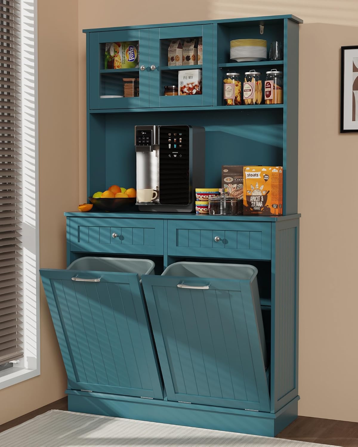Double Tilt Out Trash Cabinet Storage Cabinet 20 Gallon with Two Solid Wood Hideaway Trash Holder Drawers, Dual Wooden Free Standing Recycling Cabinets Can Bin Kitchen (Teal Blue)