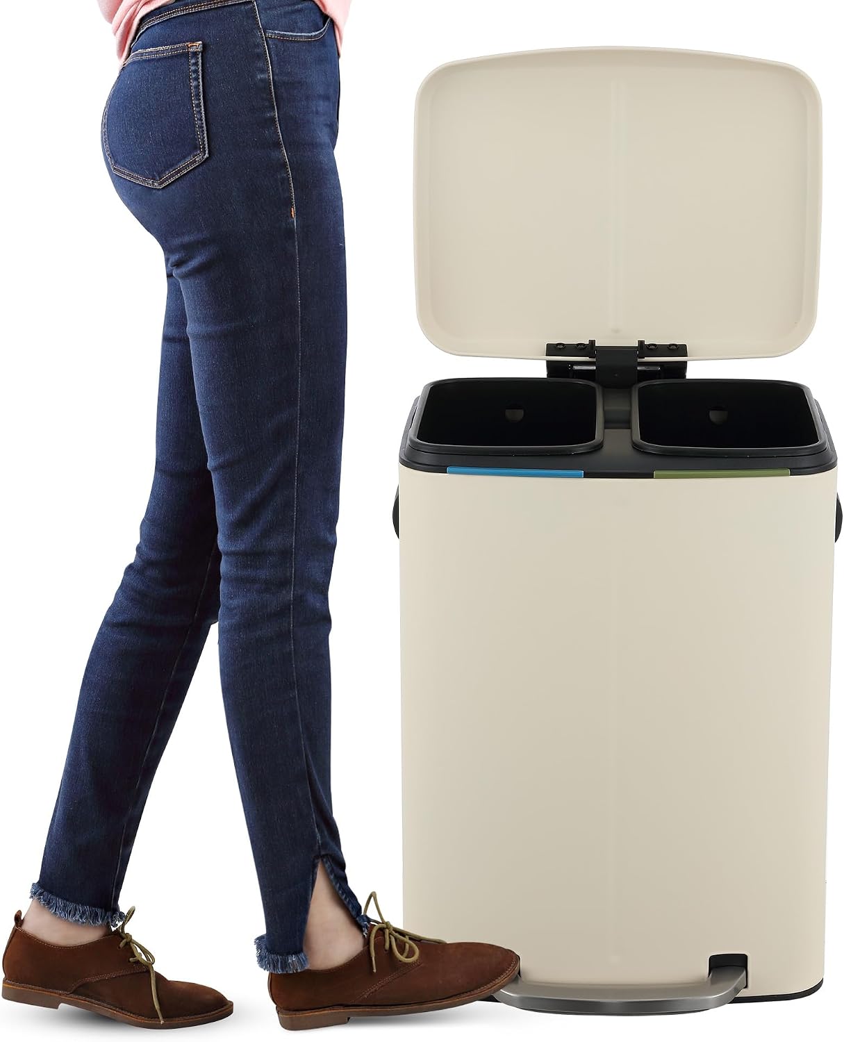 happimess HPM1005F Marco Rectangular 10.6-Gallon Double Bucket Trash Can with Soft-Close Lid, Limestone Beige, Fingerprint Resistant, Modern, Minimalistic for Home, Kitchen, Office, Bedroom, Bathroom