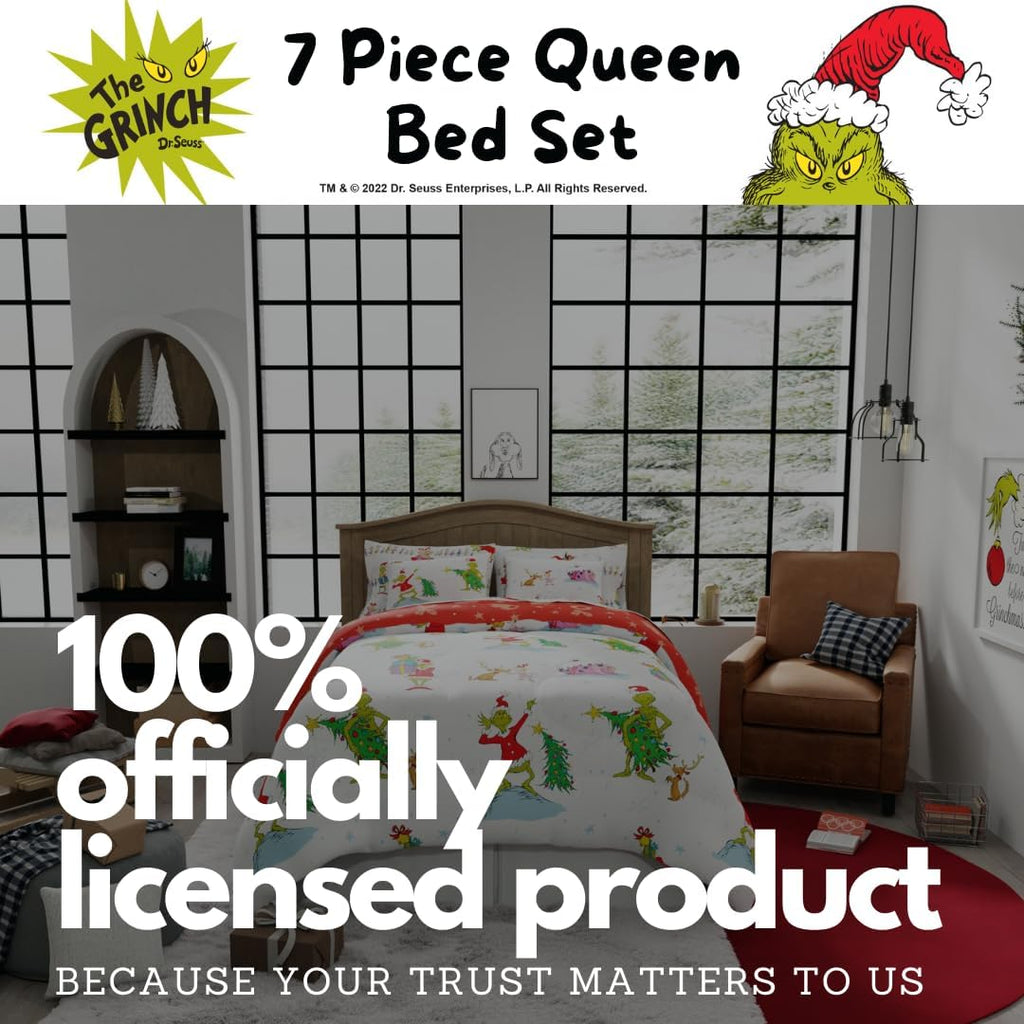 Grinch By Dr. Seuss Holiday & Christmas Bedding Super Soft Comforter and Sheet Set with Sham, 7 Piece Queen Size (Official Dr. Seuss Product) By Franco