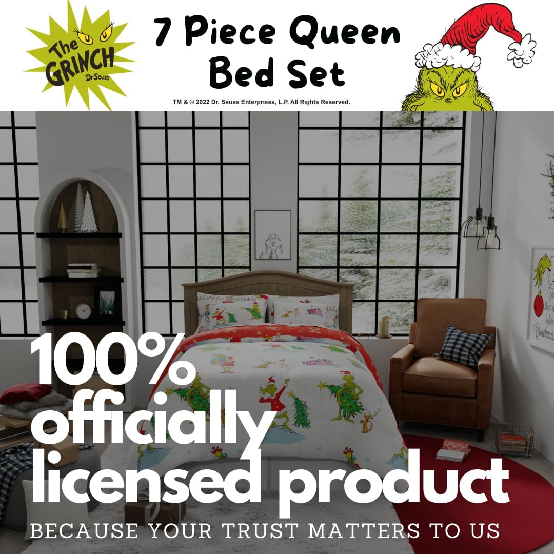 Grinch By Dr. Seuss Holiday & Christmas Bedding Super Soft Comforter and Sheet Set with Sham, 7 Piece Queen Size (Official Dr. Seuss Product) By Franco