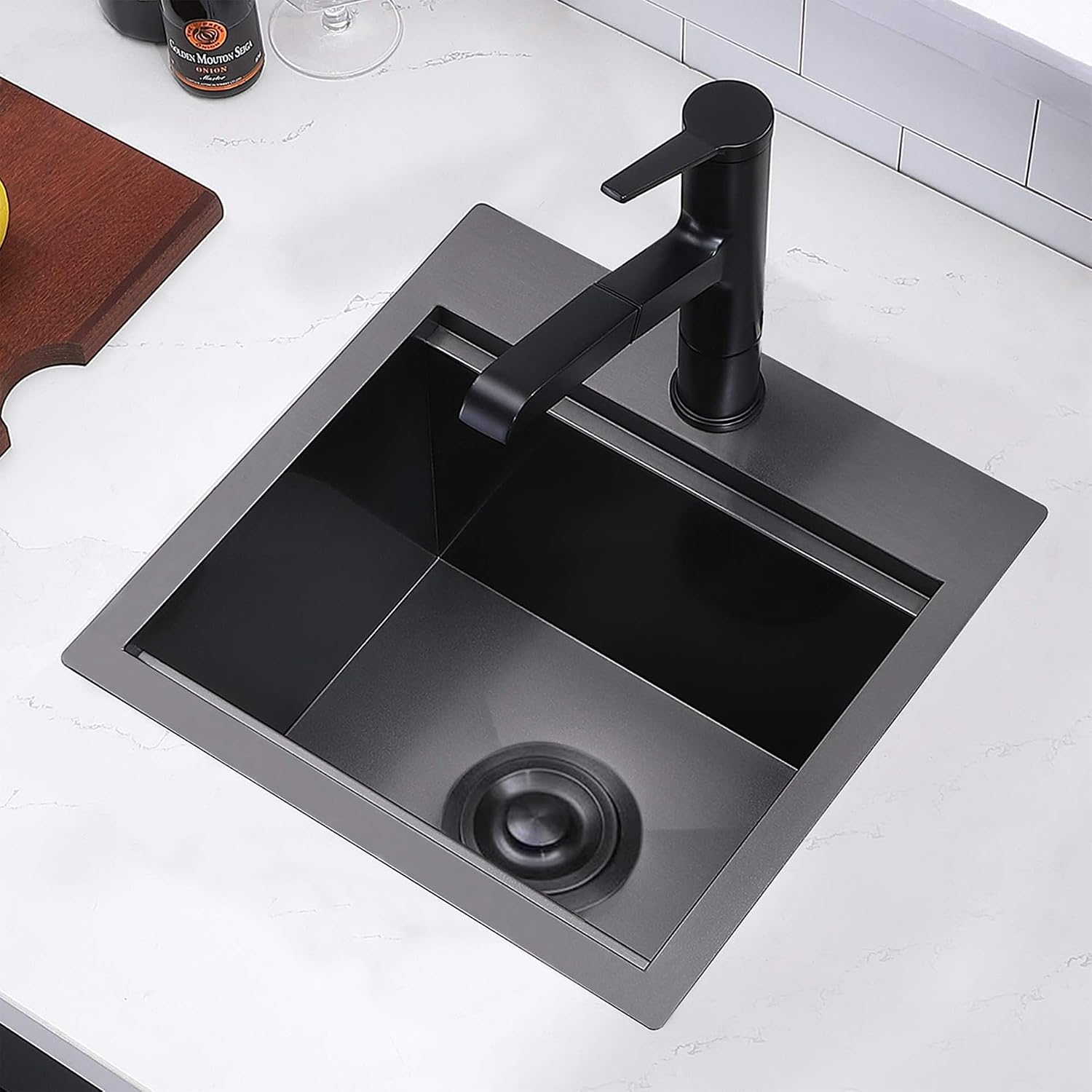 VAPSINT 15x15 Inch Black Bar Sink, Drop In Bar Sink Workstation Top Mount Single Bowl Small Bar Sink, Stainless Steel Handmade Gunmetal Black Small Kitchen sink with Grid & Cutting Board