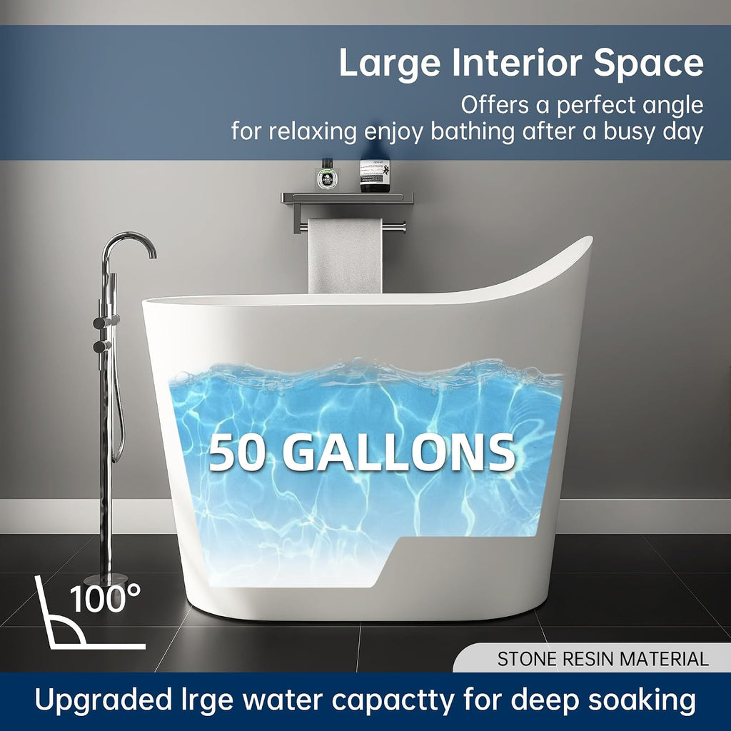 43' Stone Resin Janpanese Soaking Tub, Freestanding Deep Soaking Bathtub with Seat Desgin,Toe-tap Chrome Right Drain, Slotted Overflow, cUPC Certified, Matte White AMG026-1100