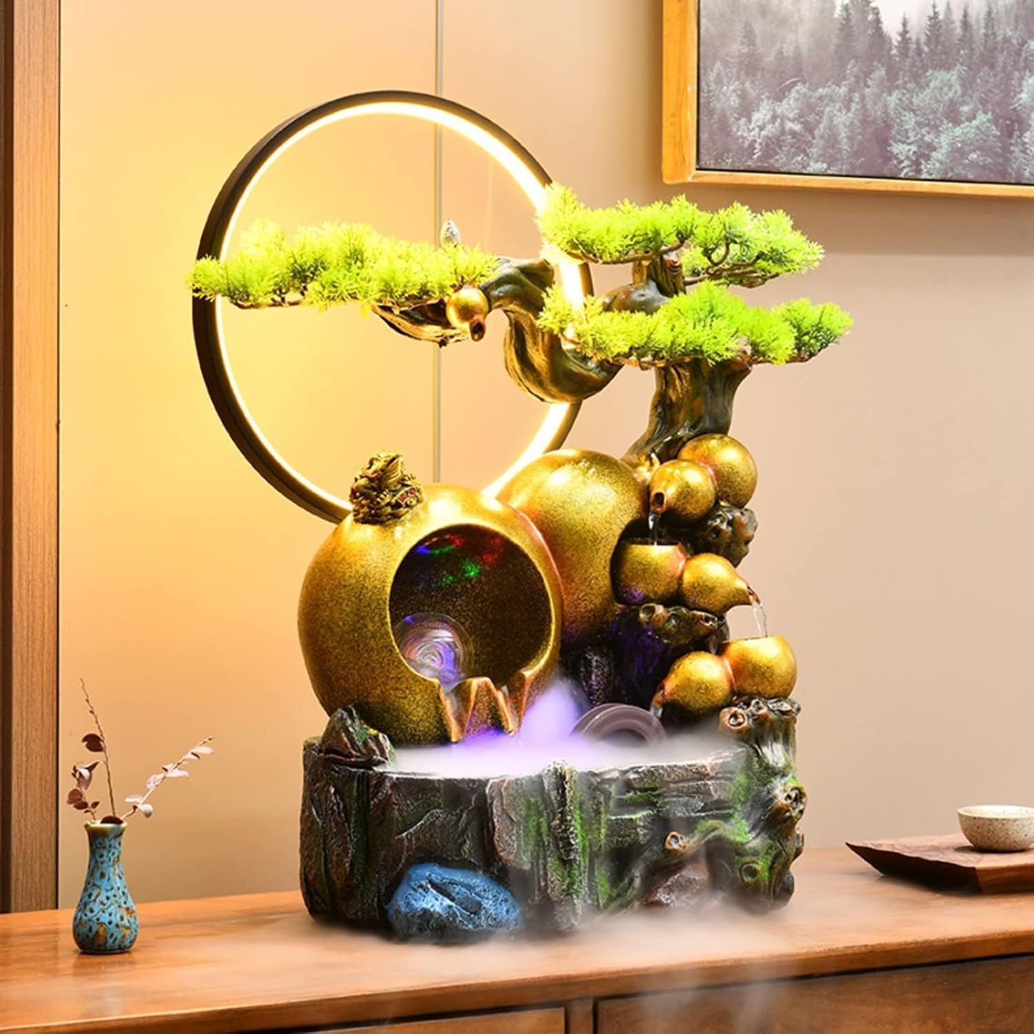 WASHLA Tabletop Fountain, with LED Lights, Incense, Circulating Water, and Rotating Glass Ball, Suitable for Multiple Scenes