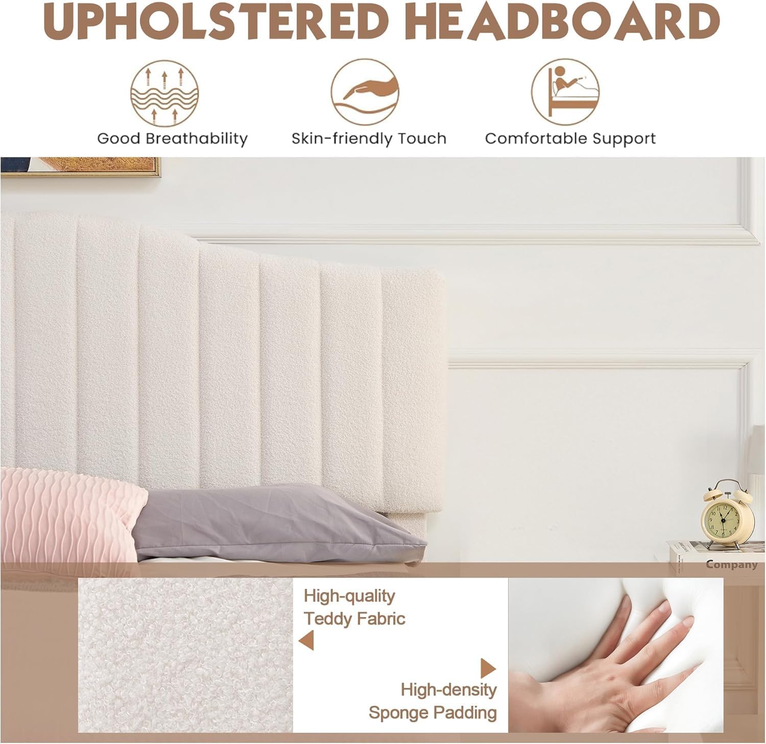 VECELO Full Size Upholstered Platform Bed Frame with Adjustable Teddy Fabric Headboard, Strong Wood Slats, 7.9' Under-Bed Storage, Noise-Free, No Box Spring Needed - Beige