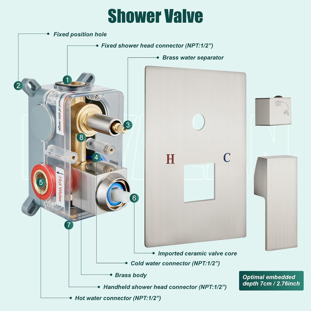 Heyalan Shower System Brushed Nickel Ceiling Mount 12 Inch Square Rain Shower Head 2 in 1 Handheld Shower Sprayer Rough in Valve Bathroom Rainfall Showerhead Combo Set