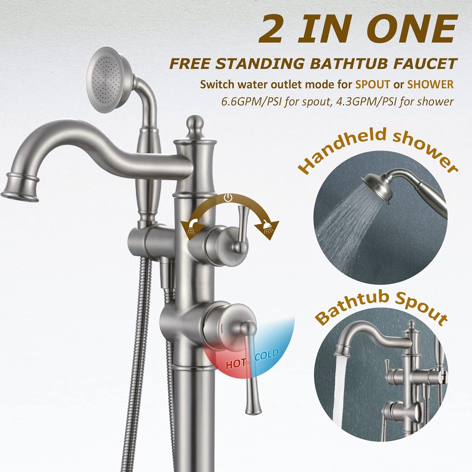 Roman Bathroom Faucet Set, Centerset Sink Faucet 2 Hole with Pop Up Drain, Free Standing Tub Faucet Filler with High Pressure Handheld Shower, Brushed Nickel