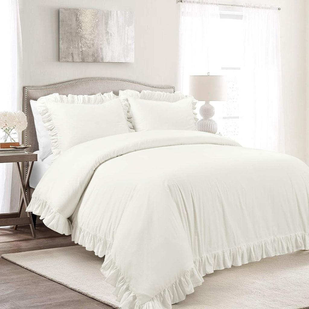 Lush Decor Reyna Ruffle Cotton Duvet Cover Set 3 Piece Set California King, White - King Size Bedding Set - White Duvet King - Ruffled Bedding - Coquette Decor