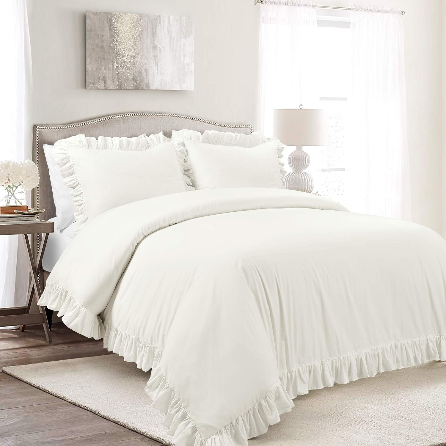 Lush Decor Reyna Ruffle Cotton Duvet Cover Set 3 Piece Set California King, White - King Size Bedding Set - White Duvet King - Ruffled Bedding - Coquette Decor