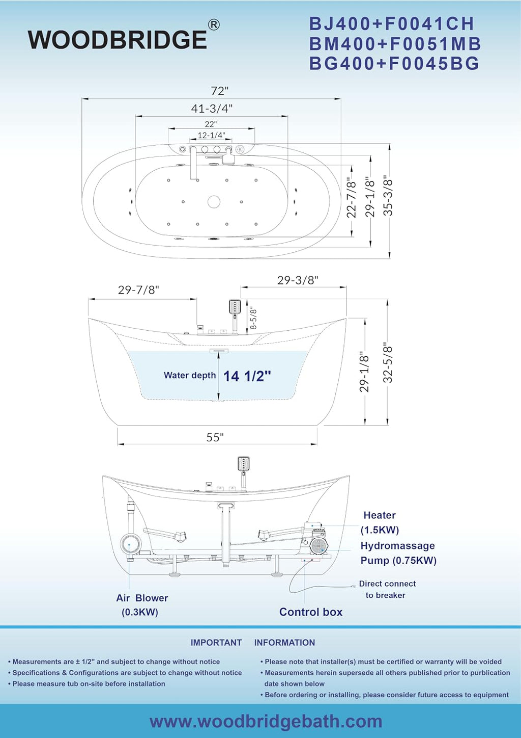 WOODBRIDGE 72' x 35-3/8' Whirlpool and Air Bath Heated Soaking Combination Tub with Adjustable Speed Air Blower and Display Control Panel, Brushed Gold Finish Trim and Drain Kit, BG400+F0045BG
