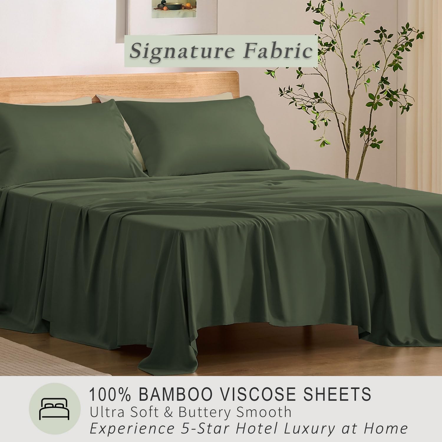 TOSMO Luxury Cooling Sheet Set | 100% Viscose from Organically Grown Bamboo | FSC® Certified | Queen Size | 18' Deep Pockets | Silky Soft Natural Bedding for Hot Sleeper [Olive]