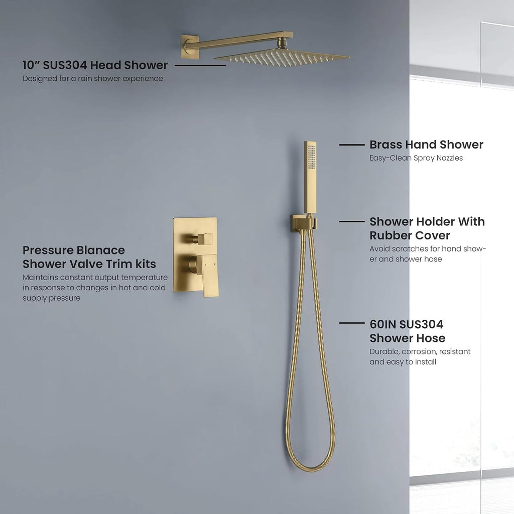 KIBI Cube Bathroom Shower System | 2-Function Wall Mounted Shower Faucet Set with Solid Brass Pressure Balanced Valve | Three Hand Shower Modes | 15-inch Long Shower Arm | Brushed Brass (KSF405)