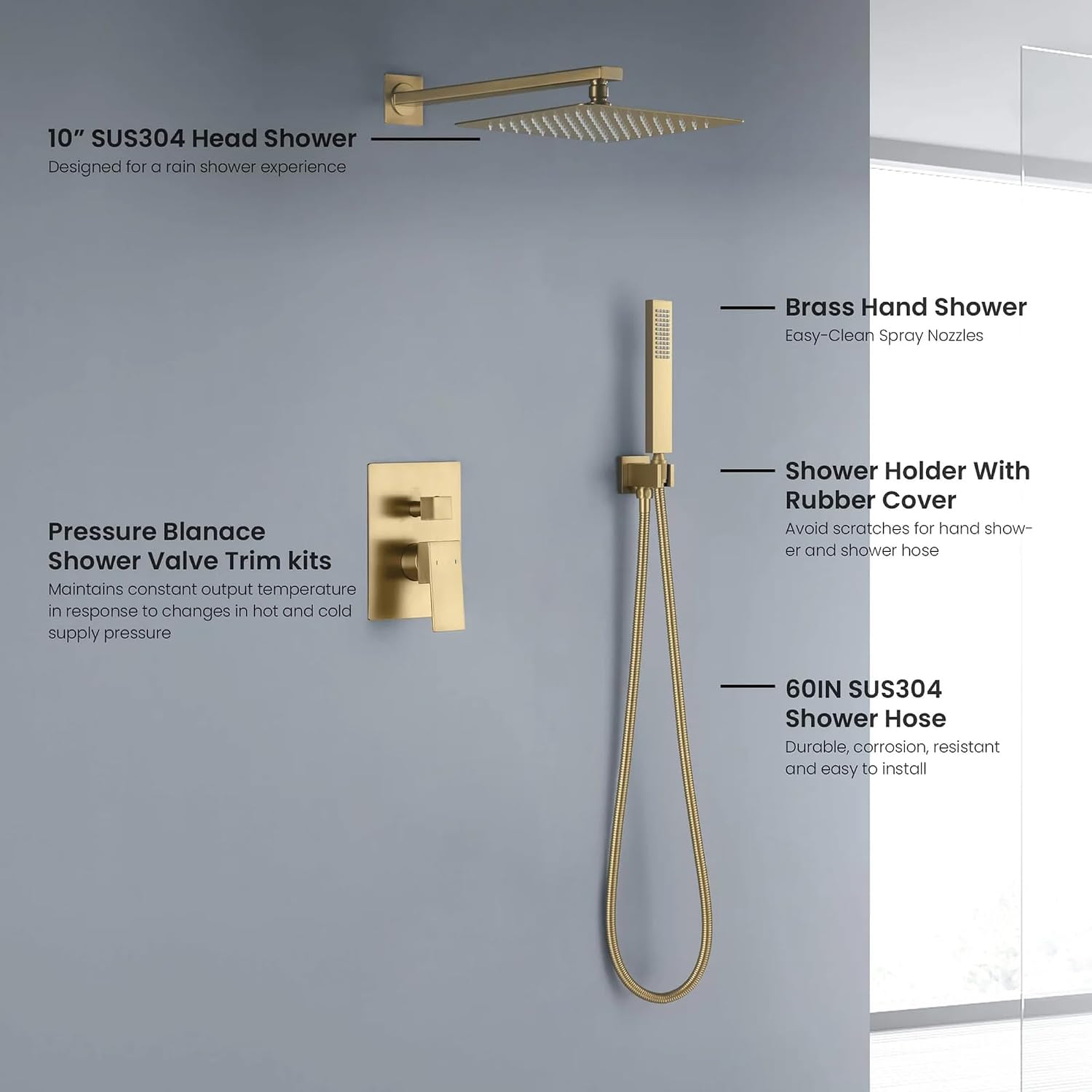 KIBI Cube Bathroom Shower System | 2-Function Wall Mounted Shower Faucet Set with Solid Brass Pressure Balanced Valve | Three Hand Shower Modes | 15-inch Long Shower Arm | Brushed Brass (KSF405)