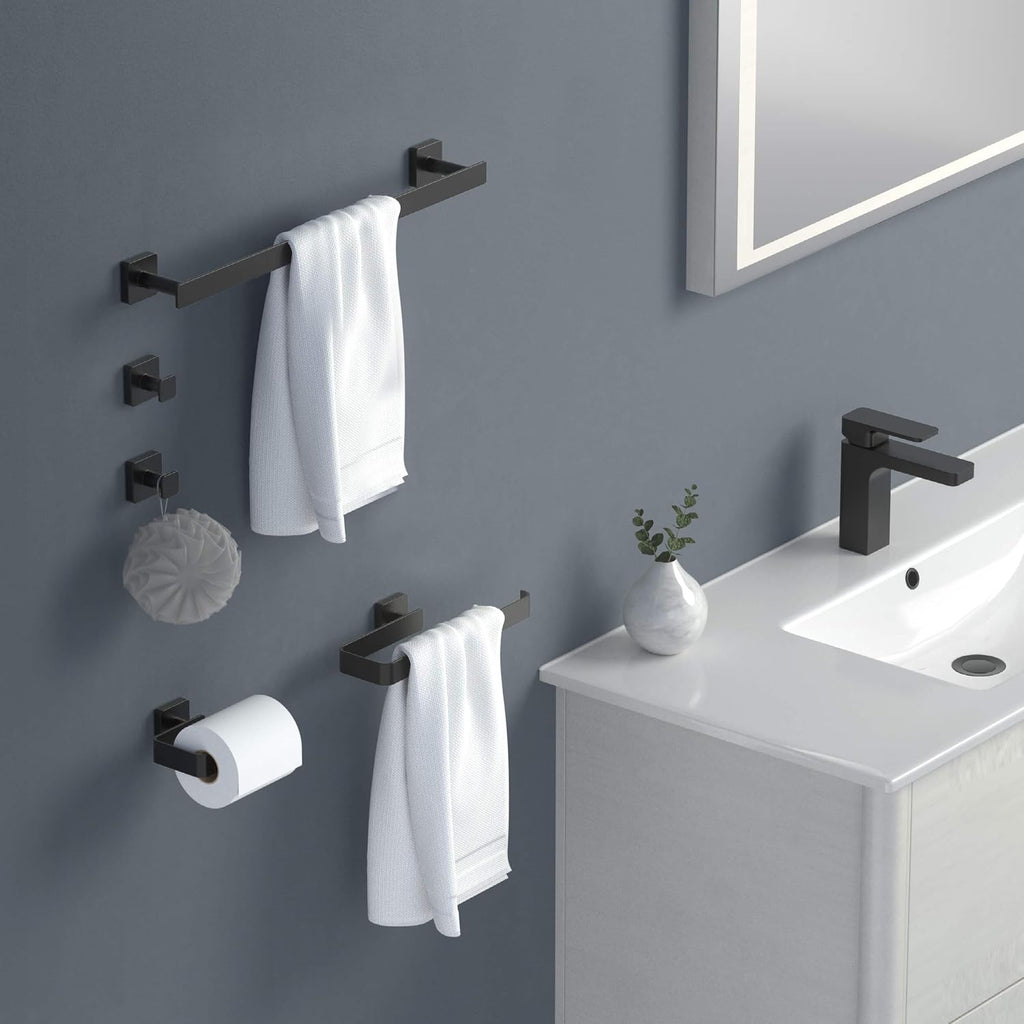 Kibi Blaze 5-Piece Bathroom Hardware Set – Includes 19 -Inch Hand Towel Bar and Holder, Toilet Paper Holder, Robe Hook – Wall Mounted, Solid Brass, Modern Bath Accessories (Matte Black, KBA16-5-1)