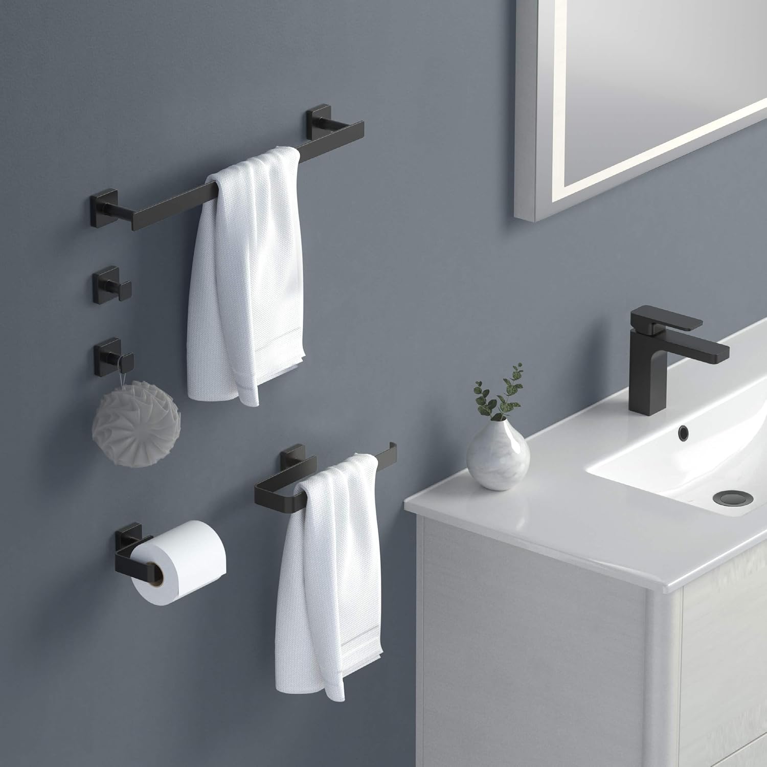 Kibi Blaze 5-Piece Bathroom Hardware Set – Includes 19 -Inch Hand Towel Bar and Holder, Toilet Paper Holder, Robe Hook – Wall Mounted, Solid Brass, Modern Bath Accessories (Matte Black, KBA16-5-1)