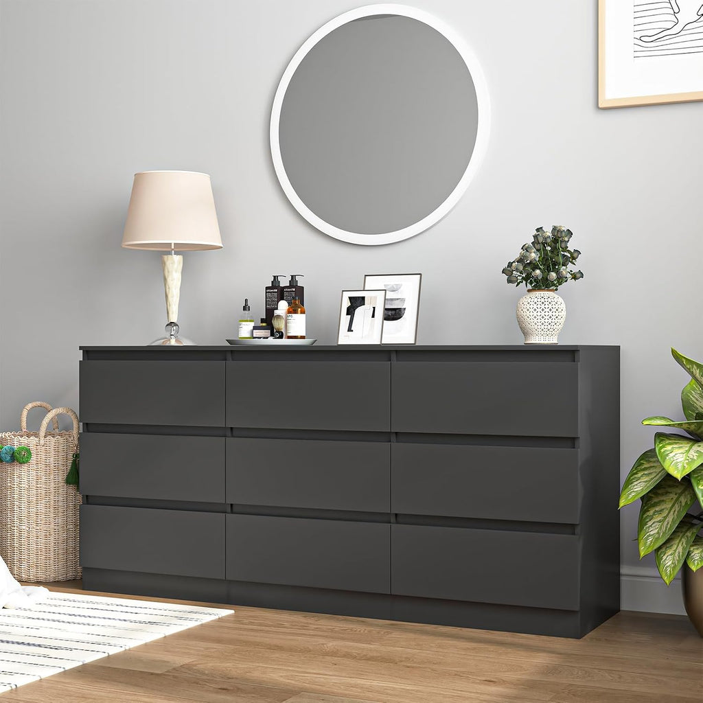Vibe & Dine Black Dresser 9 Drawer, Modern Long Dresser for Bedroom, Wood Chest of Drawers with Wide Storage for Living Room