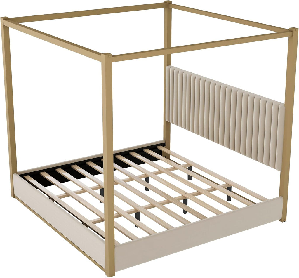 LUMISOL King Size Metal Canopy Bed Frame, 4 Poster Bed with Tall Upholstered Headboard, Velvet Upholstered Canopy Platform Bed, No Box Spring Needed, Beige + Gold
