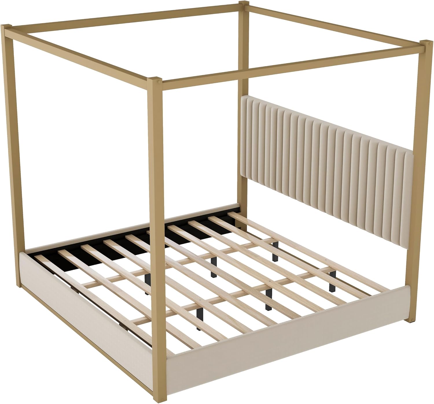 LUMISOL King Size Metal Canopy Bed Frame, 4 Poster Bed with Tall Upholstered Headboard, Velvet Upholstered Canopy Platform Bed, No Box Spring Needed, Beige + Gold