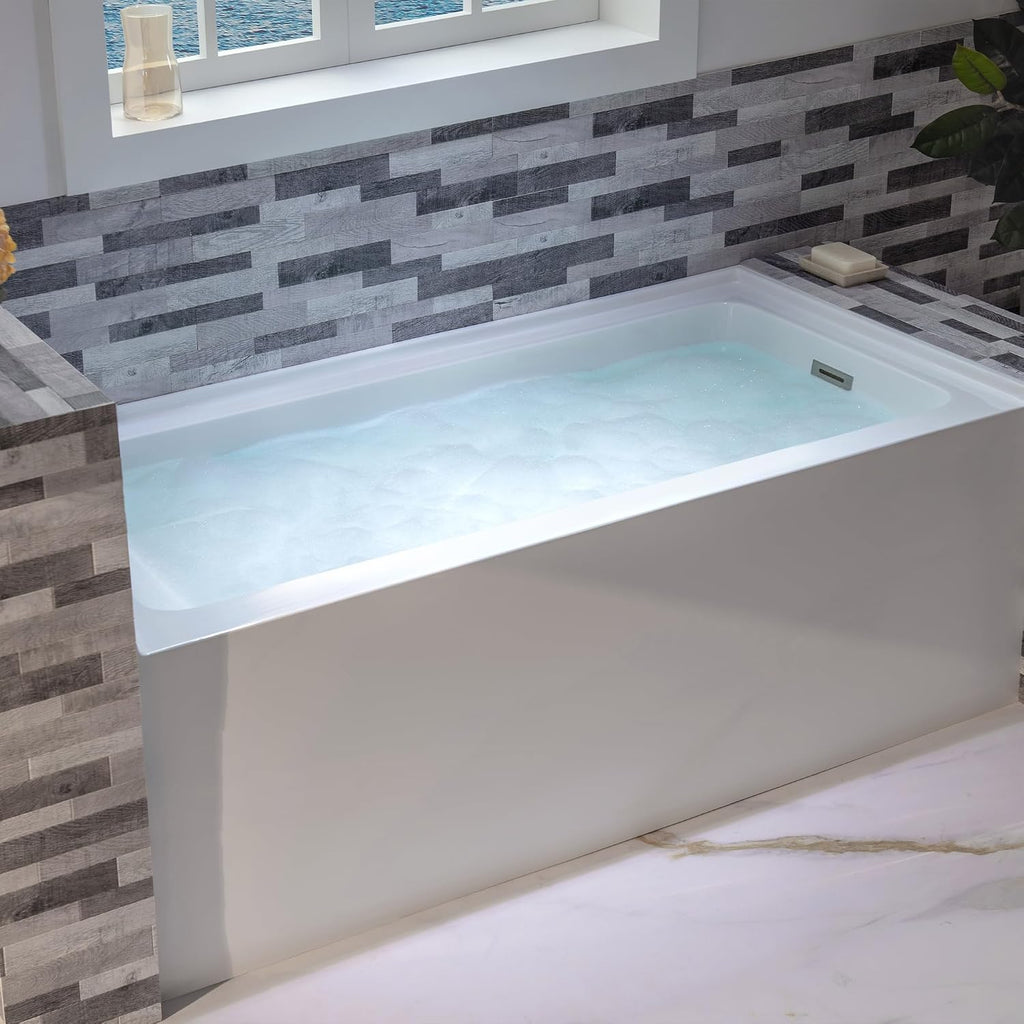 WOODBRIDGE 60' Acrylic Rectangular Alcove Soaking Bathtub in White with Right Drain, Brushed Nickel pop-up Drain Included, LB666-R