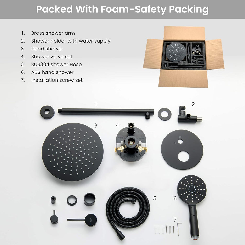 KIBI Shower System with Valve, 2-Function Wall Mounted Bathroom Shower Faucet Set – Solid Brass Pressure Balanced Shower System with Handheld Spray & High Flow Shower Head, Matte Black (KSF403)