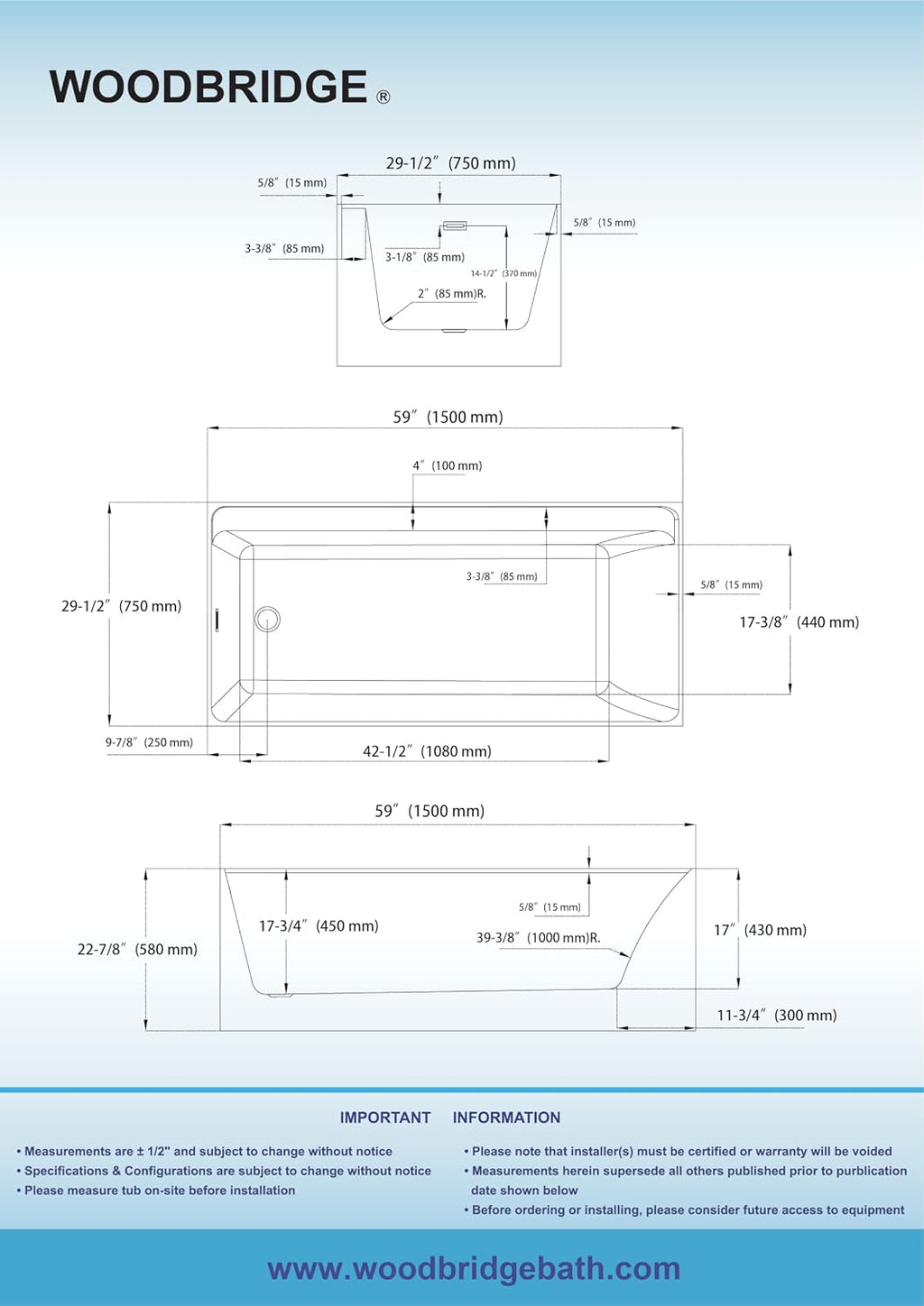 WOODBRIDGE 59' L x 29-1/2' W Freestanding Contemporary Soaking Bathtub with Brushed Gold Drain & Overflow, White, B5910-BG