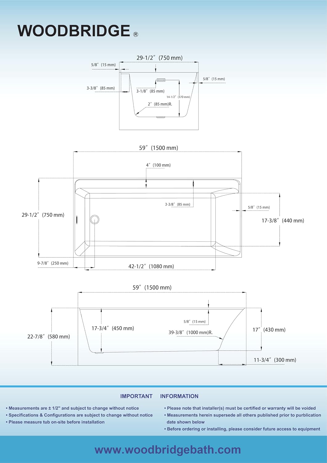 WOODBRIDGE 59' L x 29-1/2' W Freestanding Contemporary Soaking Bathtub with Brushed Nickel Drain & Overflow, White, B5910-BN