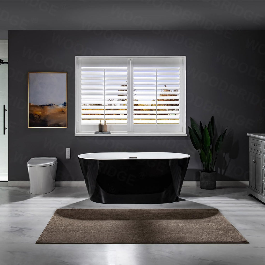 WOODBRIDGE 59' Acrylic Freestanding Bathtub Contemporary Soaking Black Tub with Brushed Nickel Overflow and Drain,B1814 BN