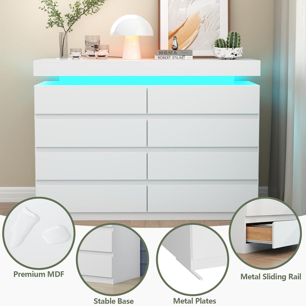 Gyfimoie 8 Drawer Dresser with Power Outlet, Dresser with LED Light, Modern Chest of Drawers for Closet, Double Wide Drawer Organizer Cabinet for Bedroom, Living Room (White, 8 Drawers)