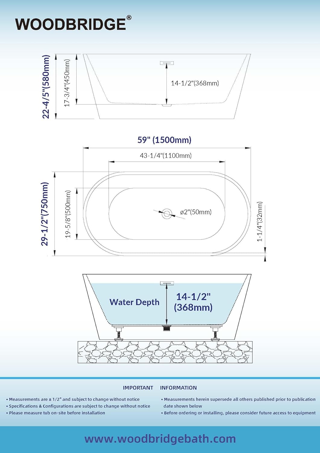 WOODBRIDGE 59' Acrylic Freestanding Bathtub Contemporary Soaking Tub with Matte Black Overflow and Drain,Black