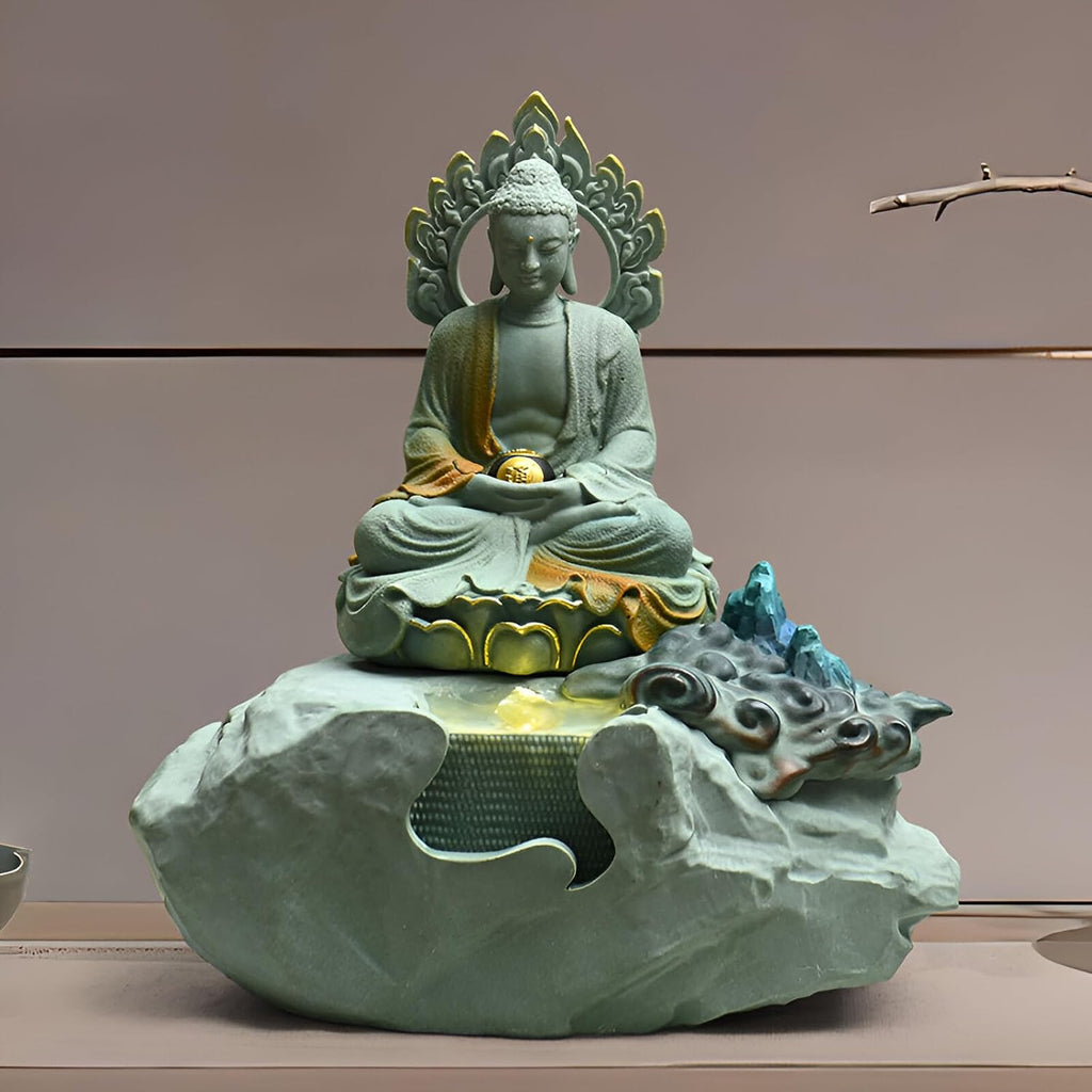 Zen Buddha Tabletop Fountain with LED Lights & Crystal Accents – Indoor Meditation Waterfall Feature with Cascading Water for Home, Office, Living Room or Bedroom – Free 10 Free Crystals (Style 6)