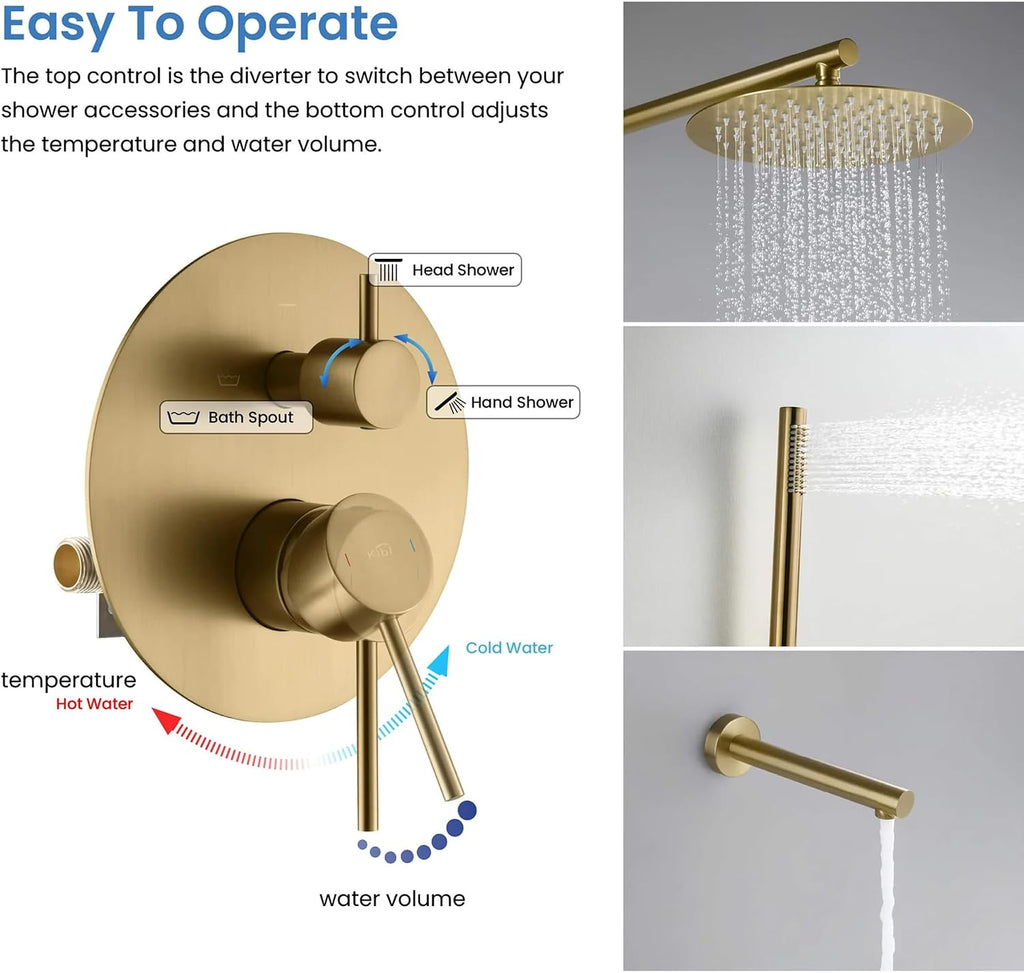 KIBI Circular Bathroom Shower System | 3-Function Wall Mounted Shower Faucet Set with Solid Brass Pressure Balanced Valve | Three Hand Shower Modes | 15-inch Long Shower Arm | Brushed Brass (KSF404)