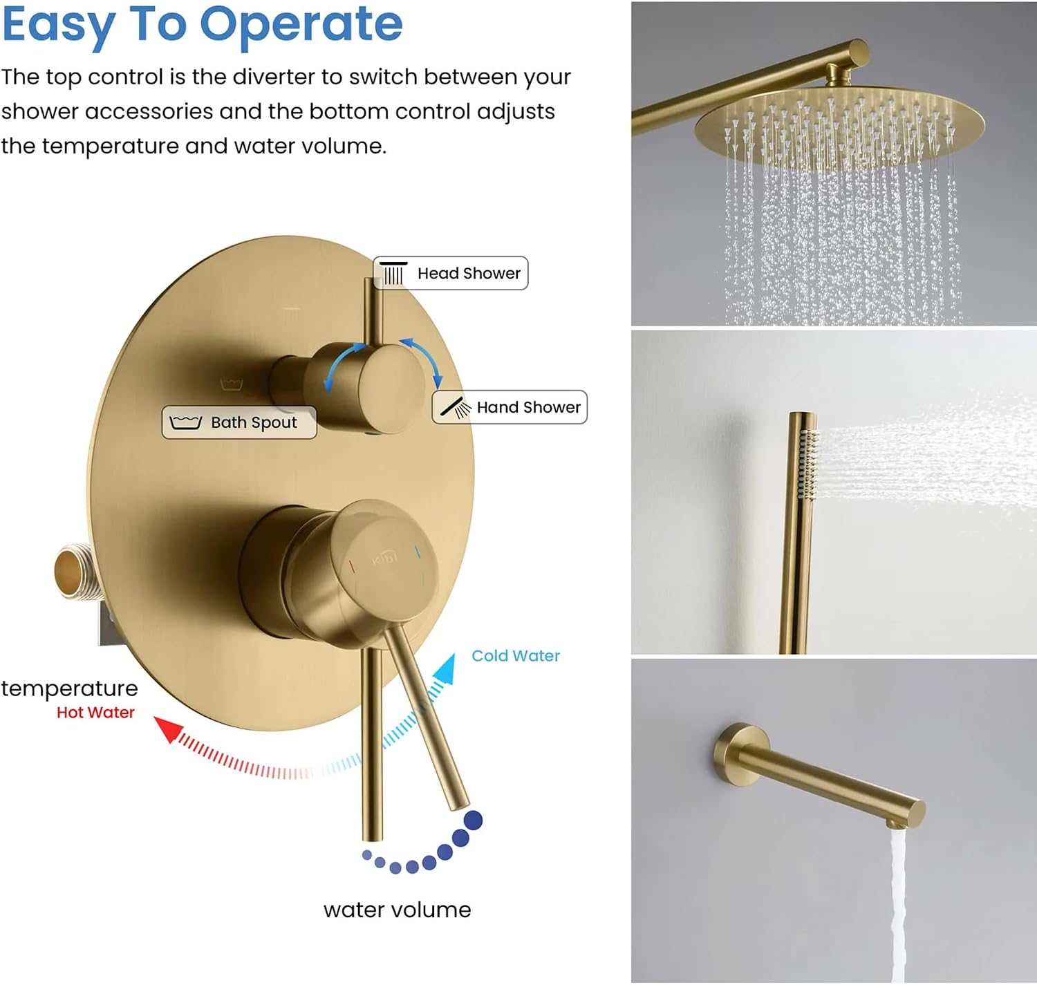 KIBI Circular Bathroom Shower System | 3-Function Wall Mounted Shower Faucet Set with Solid Brass Pressure Balanced Valve | Three Hand Shower Modes | 15-inch Long Shower Arm | Brushed Brass (KSF404)