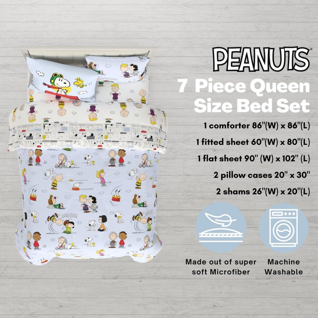Peanuts Charlie Brown, Snoopy & Gang Bedding, 7 Piece Super Soft Cozy Reversible Comforter and Sheet Set with Sham, Queen, (100% Official Licensed Product) by Franco Collectibles