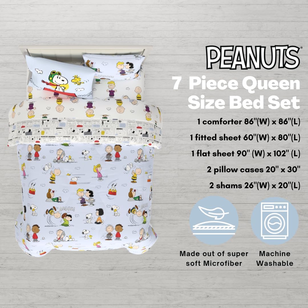 Peanuts Charlie Brown, Snoopy & Gang Bedding, 7 Piece Super Soft Cozy Reversible Comforter and Sheet Set with Sham, Queen, (100% Official Licensed Product) by Franco Collectibles