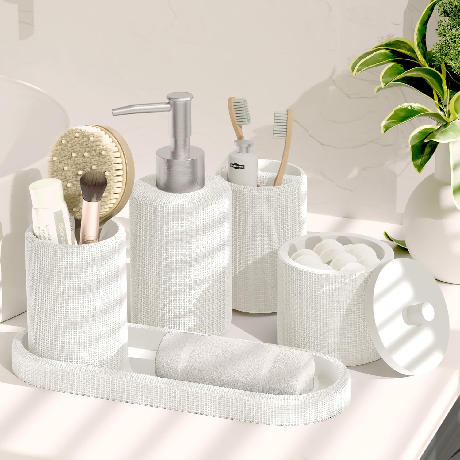 Hearth & Harbor White Bathroom Set - Bathroom Sets with Shower Curtain and Rugs, 21PC Bathroom Accessory Set, Shower Curtain Set with Soap Dispenser & Toothbrush Holder