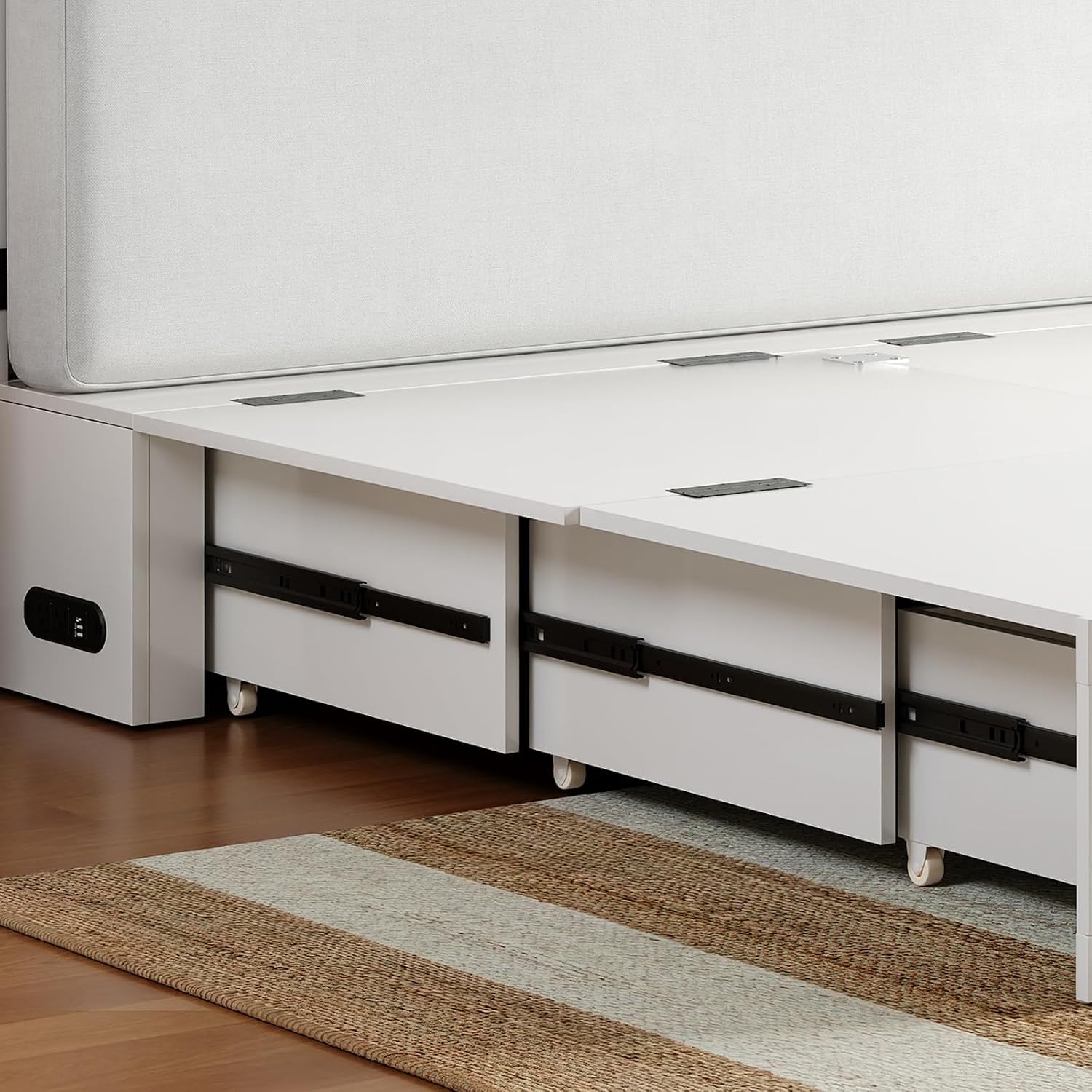 ijuicy Queen Murphy Bed with Storage & Multifunctional Charging Station, Farmhouse Murphy Cabinet Bed with Foldable Panel, Space-Saving Beds for Guest Bedroom, Living Room-White & Brown, No Mattress