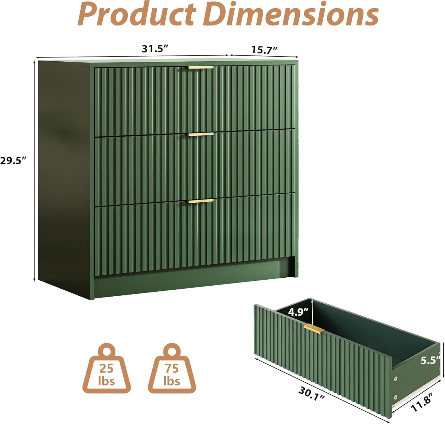 MAISONARIA 3-Piece Dresser Bedroom Set, 5 Drawer Dresser & 3 Drawer Nightstands with Gold Handles, Fluted Wood Chest of Drawers for Bedroom, Living Room, Entryway, Green