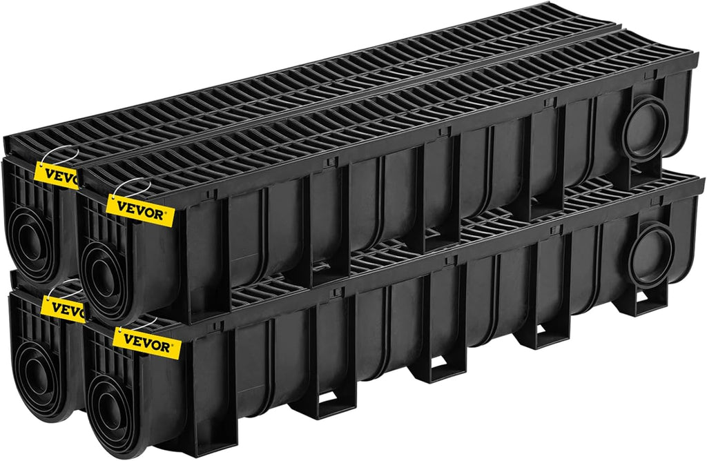 VEVOR Trench Drain System 4 Pack, Channel Drain with Plastic Grate 5.9 x 7.5 in HDPE Drainage Trench, Black Plastic Garage Floor Waterway 4 x 39 in with 4 End Caps for Garden Driveway
