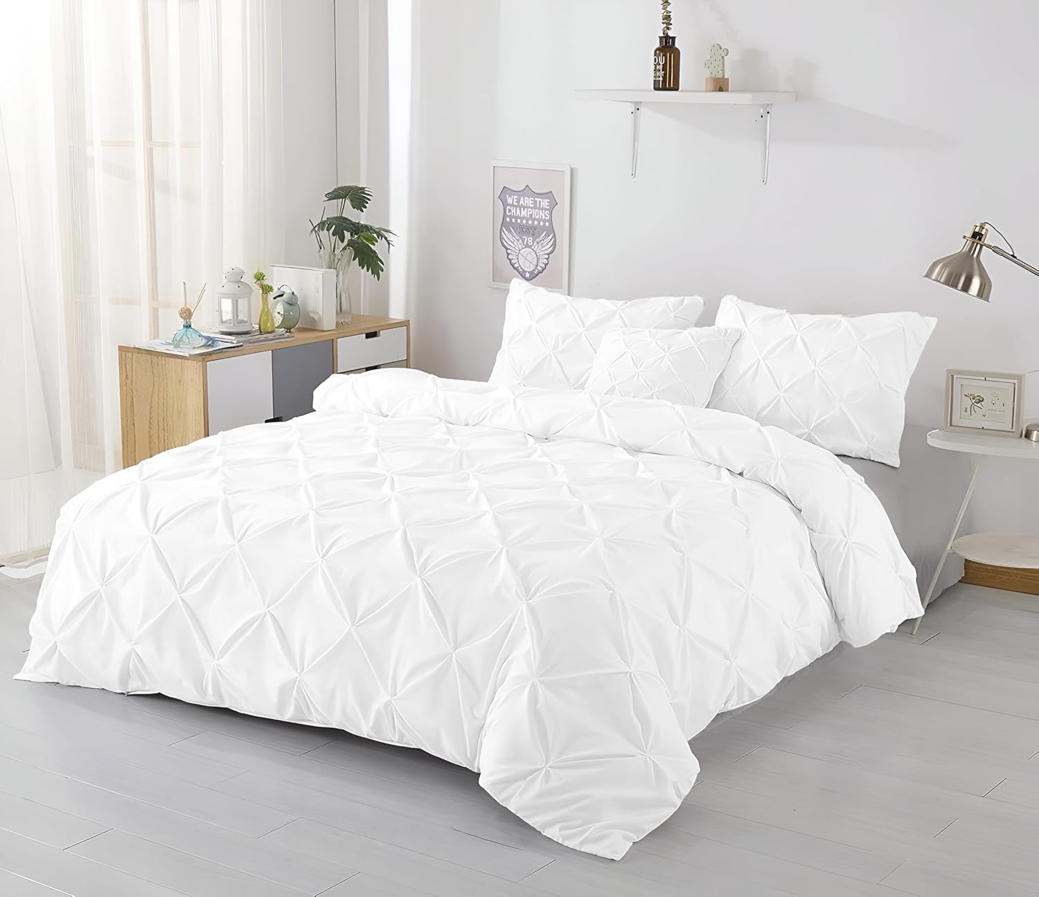 Kotton Culture 120'x 120' 3 Pc Super King Plus Pinch Pleated - Pintuck Duvet Cover Set - 100% Egyptian Cotton 600 TC - Zipper Closure & 7 Internal Ties- Fits Extra Large King Inserts - White