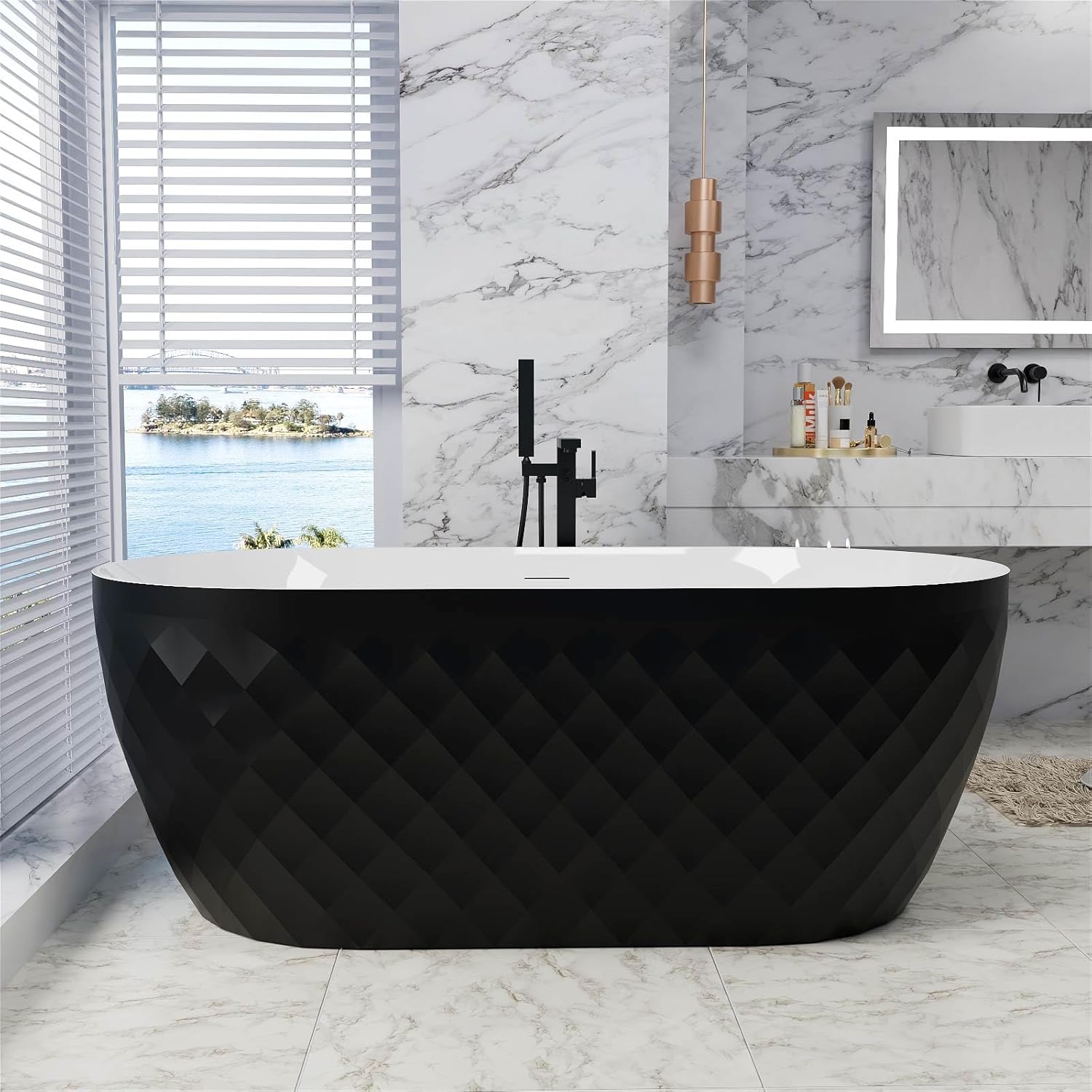 59' Acrylic Freestanding Bathtub，Double Ended Shape lozenge texture Bathtub with Integrated Slotted Overflow, Toe-Tap Chrome Drain, cUPC Certified,Black
