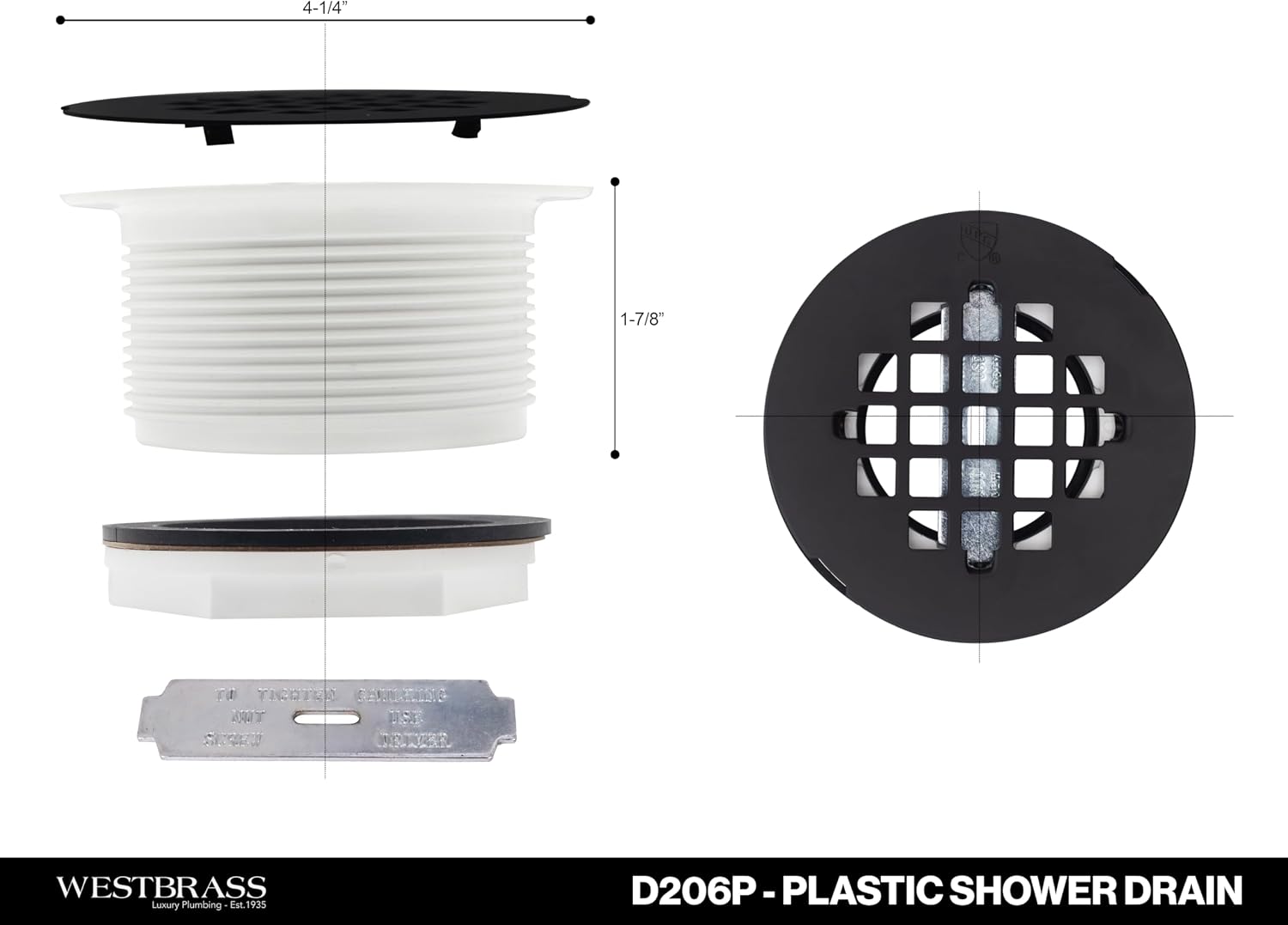 Westbrass D206P-5-01 2' No-Caulk PVC Compression Shower Drain with 4-1/4' Round Grid Cover, Polished Brass (5-Pack)
