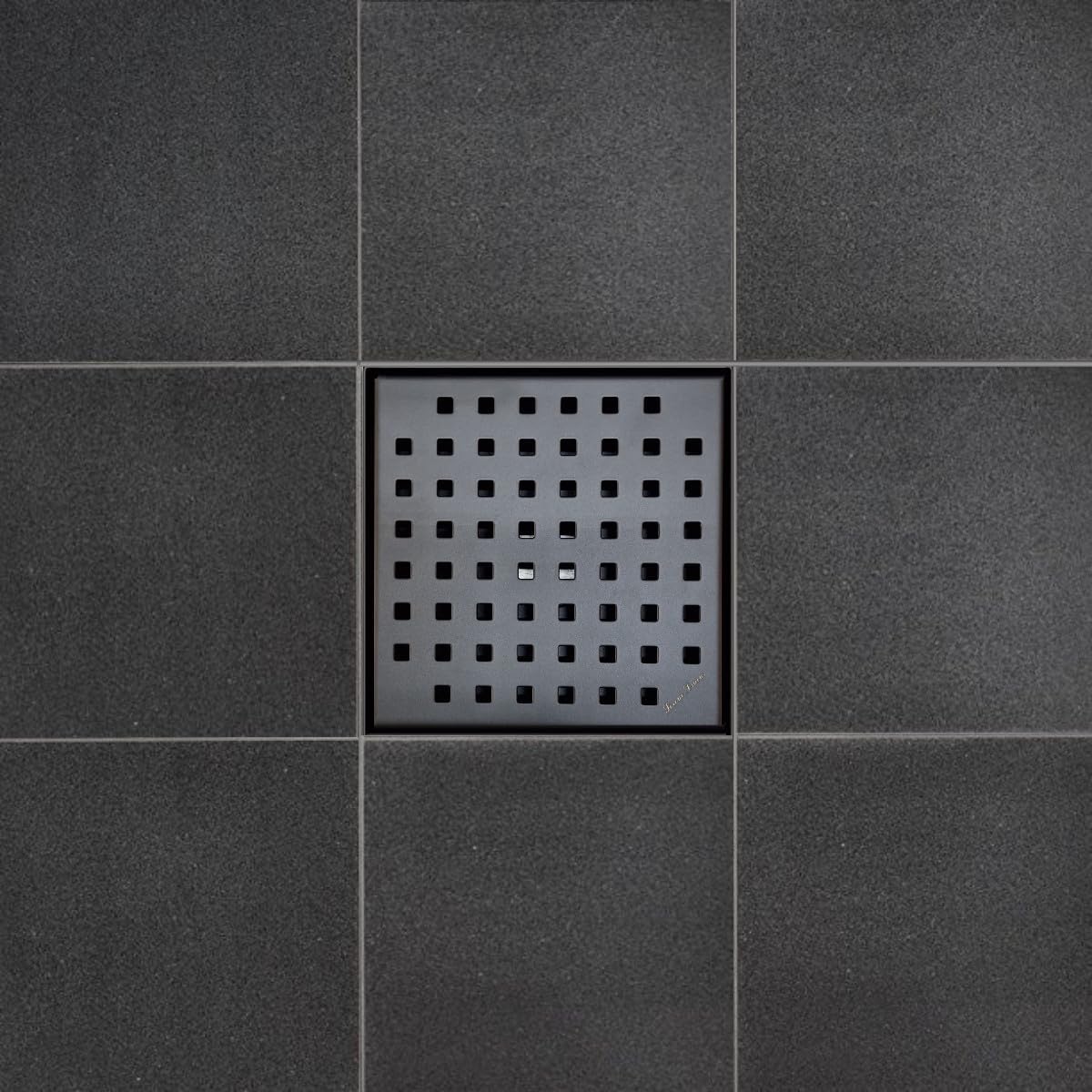 SereneDrains 304 Stainless Steel 6 Inch Square Matte Black Shower Drain Kit with Base Square Design for Tile Floor Drain Grate Cover Hair Catcher Trap Strainer Filter (Matte Black, ABS Plastic)