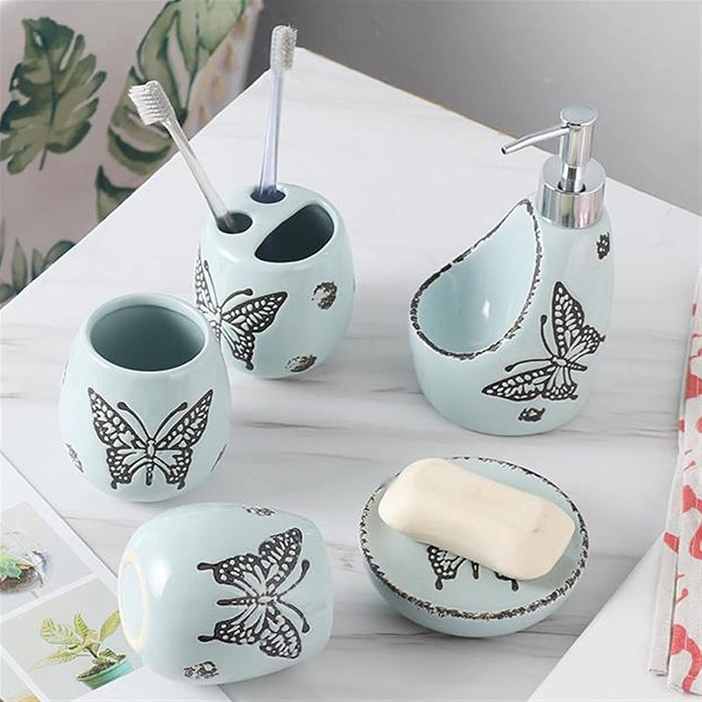 Soap Dispenser/Dispenser for Handwashing Fluid Bathroom Accessories Set 6 Pieces Includes Soap Dispenser Toothbrush Holder Tumbler Soap Dish and Tray,(Blue)