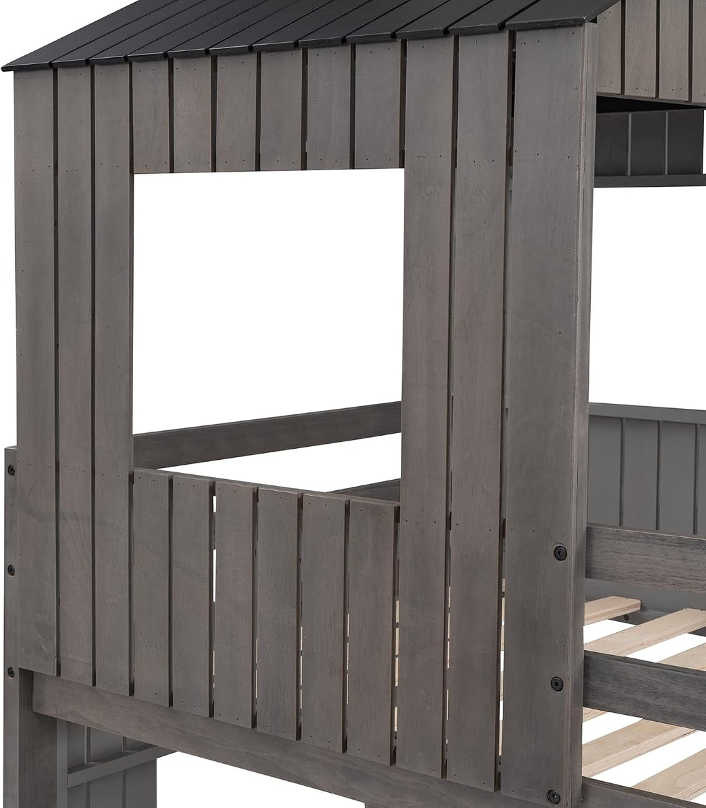 MERITLINE House Bed Bunk Beds with Slide Twin Over Full Size Bunk Bed Frame with Slide,Wooden Playhouse - Design Slide Bunk Beds Twin Over Full Bunk for Boys and Girls