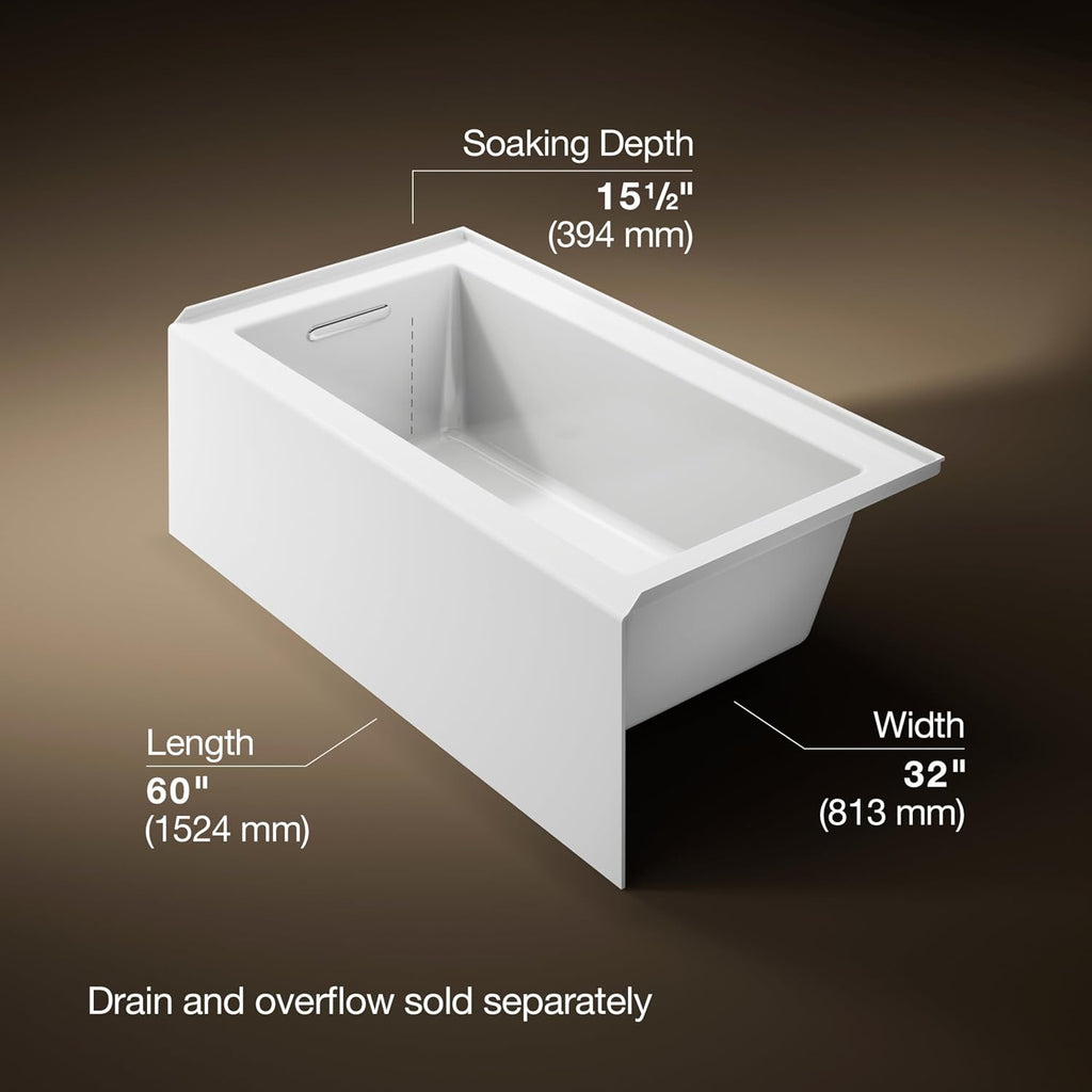 Kohler K-20202-LA Underscore 60' Soaking Bathtub for Three Wall Alcove Installation with Left Drain and 68 Gallon Water Capacity - White