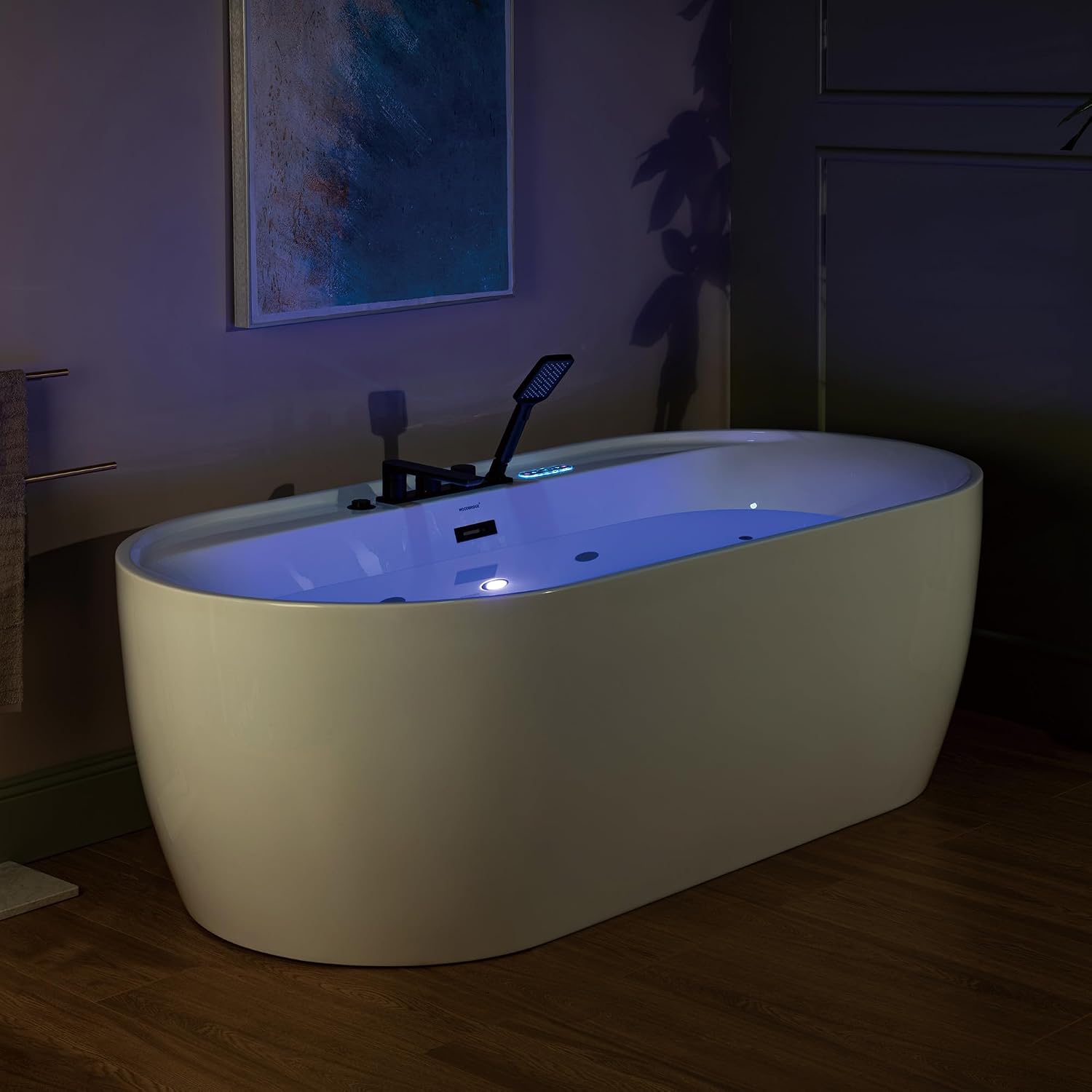 WOODBRIDGE 72' x 35-3/8' Whirlpool and Air Bath Heated Soaking Combination Tub with Adjustable Speed Air Blower, Tub Filler, and LED control panel, Matte Black Finish Trim and Drain Kit, BM500+F0051MB