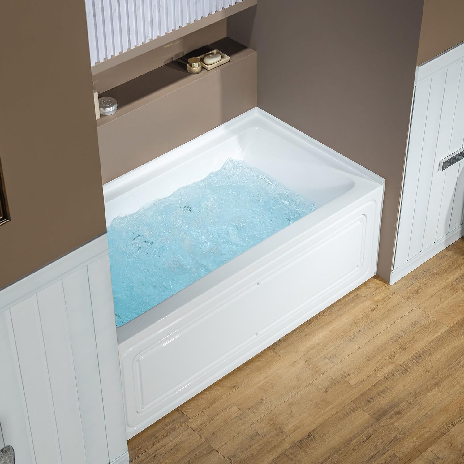 WOODBRIDGE 60' x 30' Alcove Acrylic Rectangular Whirlpool and Air Heated Tub in White with Left Drain, Polished Chrome Finish Trim and Drain Kit Included, DF501-L-CH01